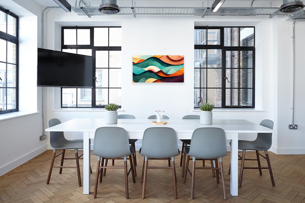Salle à manger moderne avec des meubles blancs et des fenêtres à croisillons noires, un tableau acoustique soni PICTURE est accroché au mur