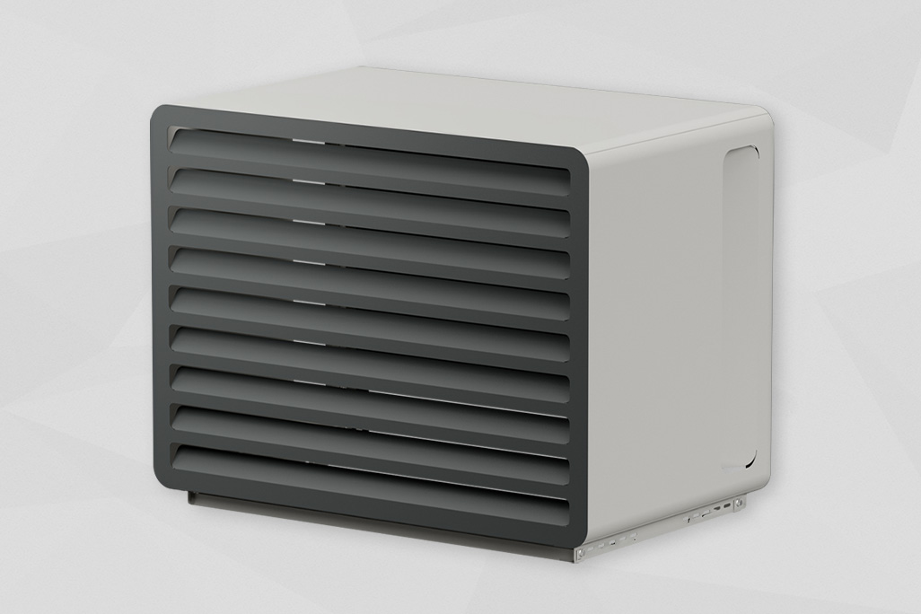 Schallschutzhaube in grau weiß mit Lüftungseinlass vorne