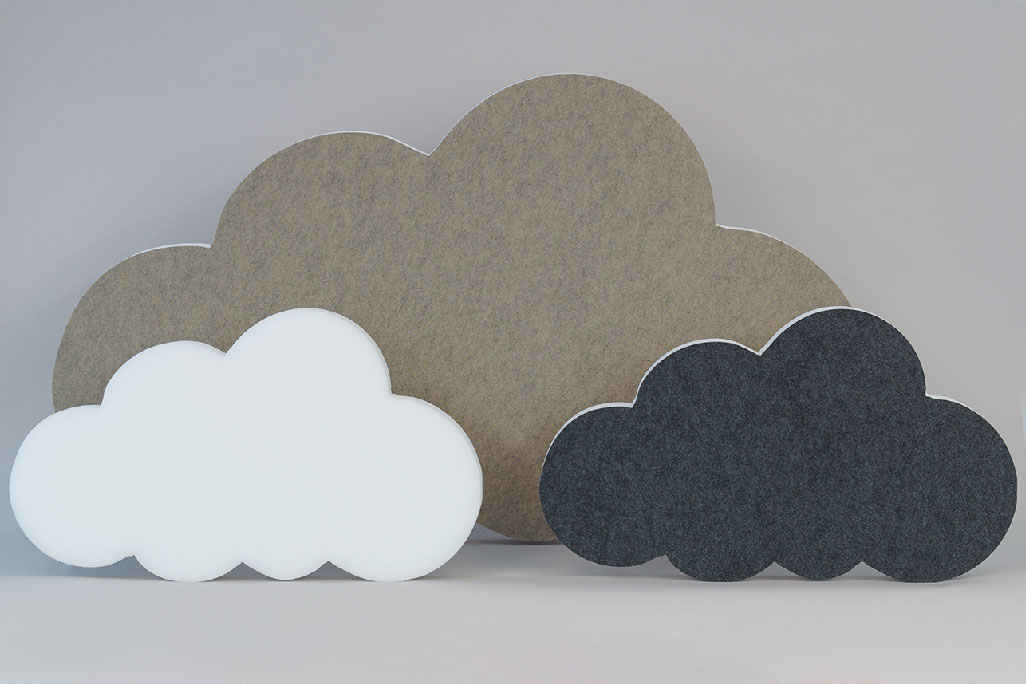 Sound absorber in the form of a large and two small clouds (soni ELEMENT CLOUD) in beige, white and anthracite against a gray background