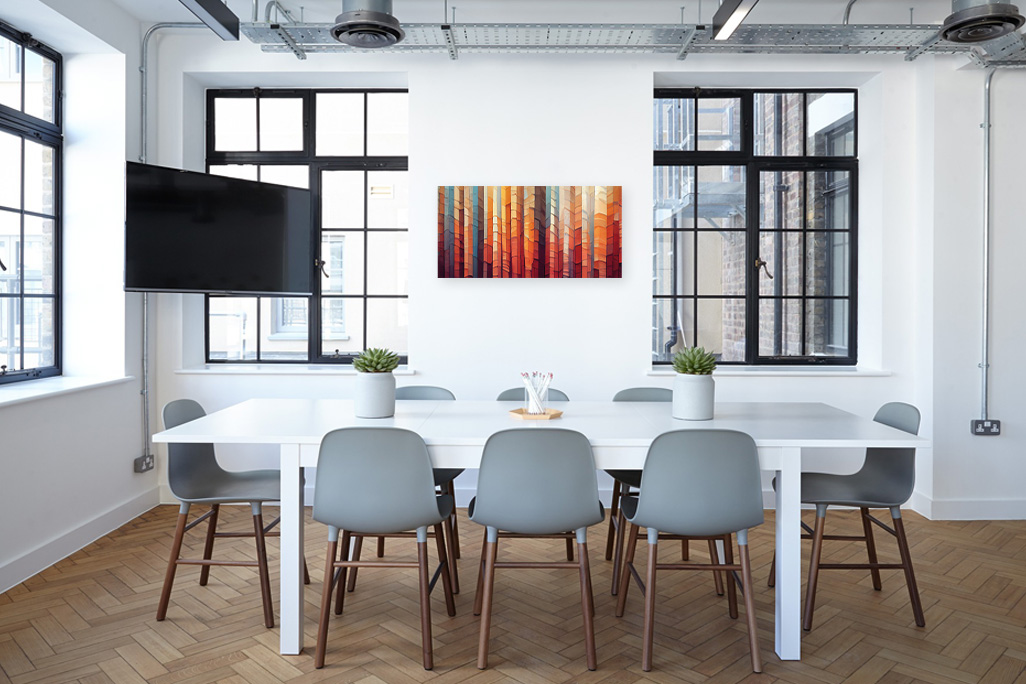 Modernes Esszimmer mit weißen Möbeln und schwarzen Sprossenfenstern, an der Wand hängt ein Akustikbild soni PICTURE