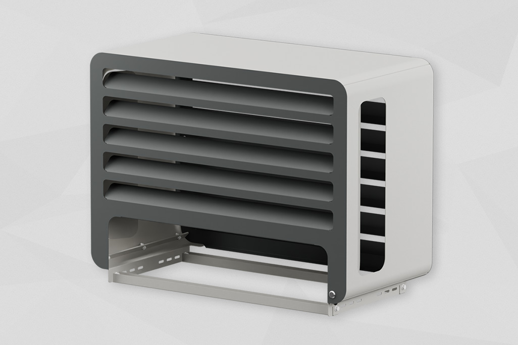 Schallschutzhaube in grau weiß mit Lüftungseinlass vorne