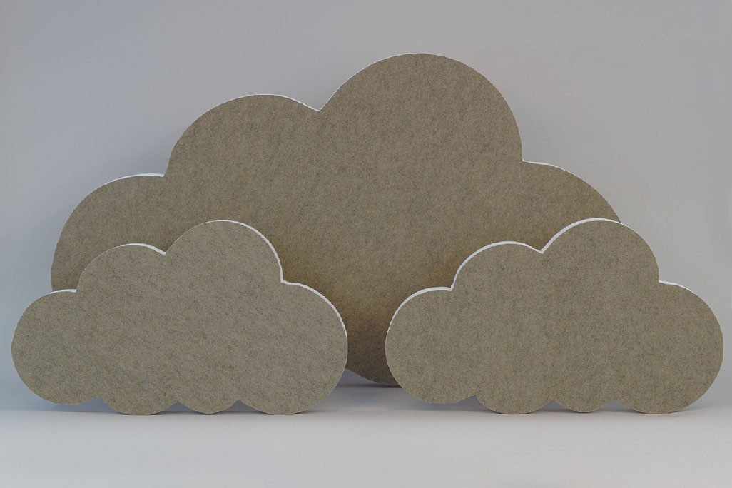 Sound absorber in the form of a large and two small clouds (soni ELEMENT CLOUD) in the color beige against a grey background