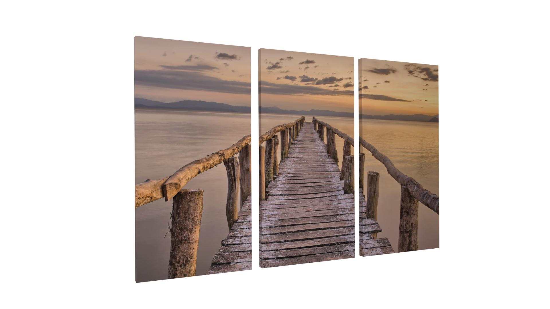 Akustikbild soni PICTURE lake view zeigt eine Aussicht von einem Holzsteg auf einen See im Sonnenuntergang