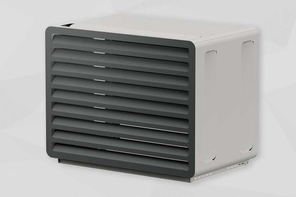 Schallschutzhaube in grau weiß mit Lüftungseinlass vorne