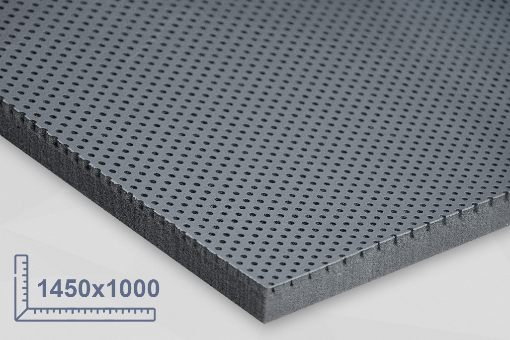 Ausschnitt einer grauen Schaumstoffplatte mit Kunstlederoberfläche