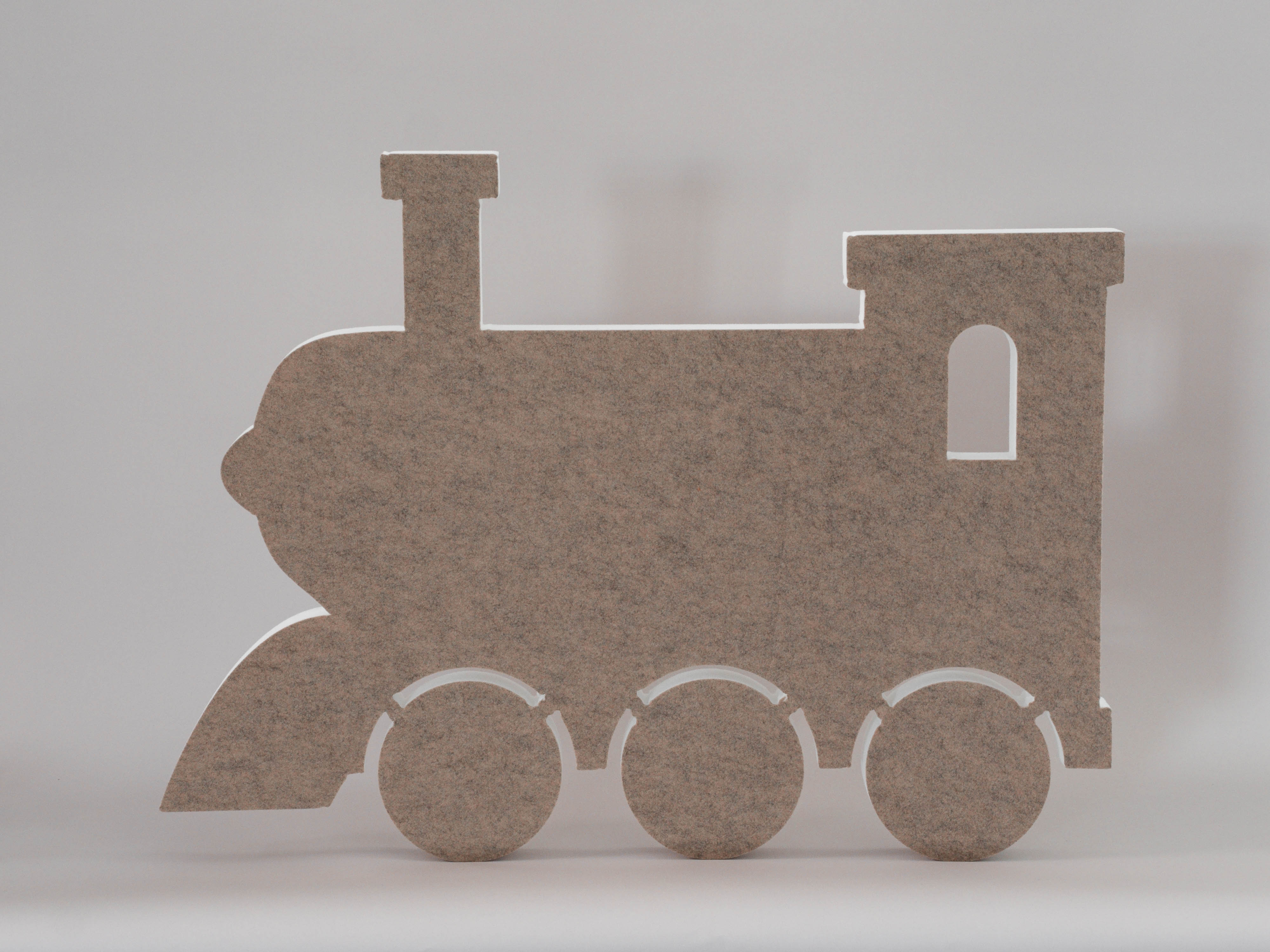 Schallabsorber in Form einer Lokomotive (soni ELEMENT TRAIN) in der Farbe Beige vor grauem Hintergrund