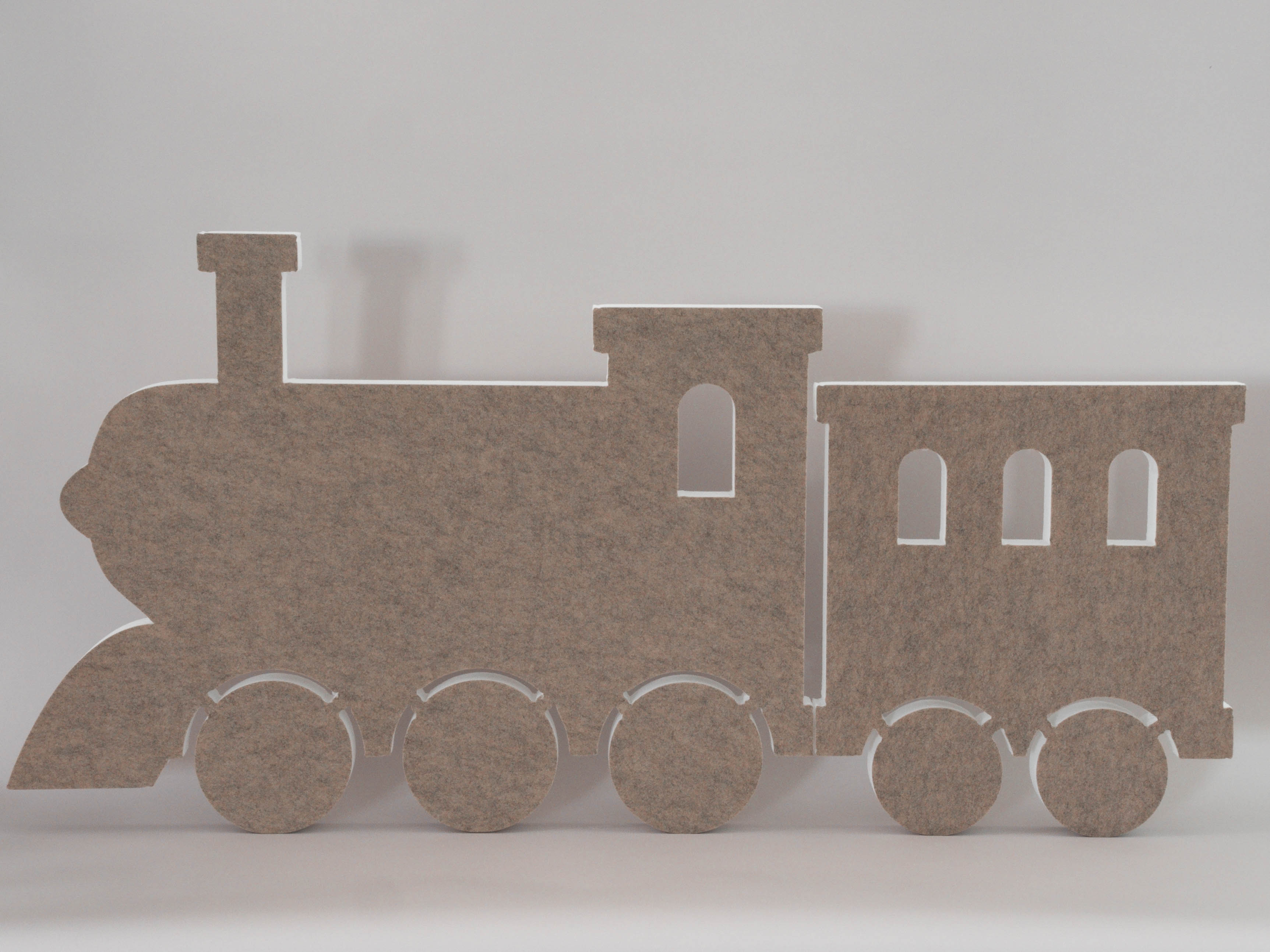 Schallabsorber in Form einer Lokomotive und einem Waggon (soni ELEMENT TRAIN) in der Farbe Beige vor grauem Hintergrund